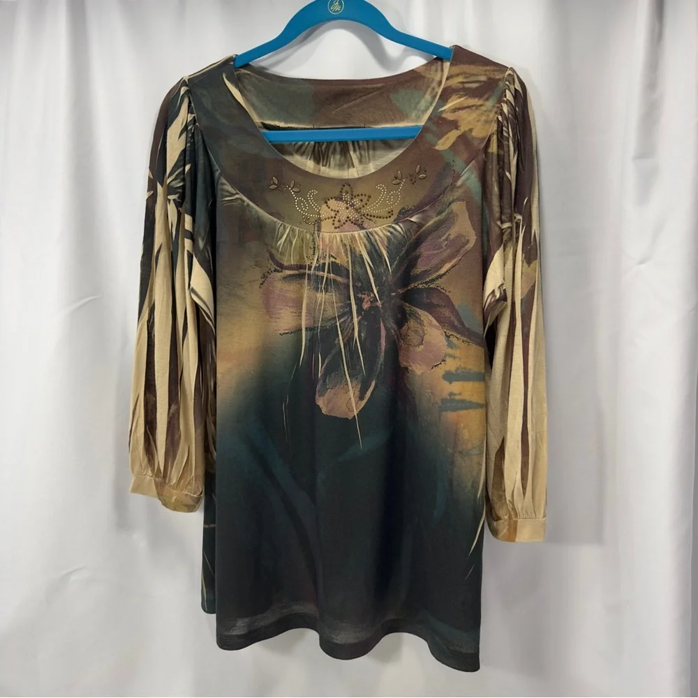 B.L.E.U. USA XL Elegant Floral Gold Stud Stretchy Women's Top Long Sleeve Shirt - Picture 1 of 15